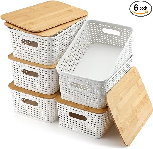 EOENVIVS Storage Bins With Bamboo Lid Plastic Storage Baskets Lidded Pantry Organization and Stor... | Amazon (US)