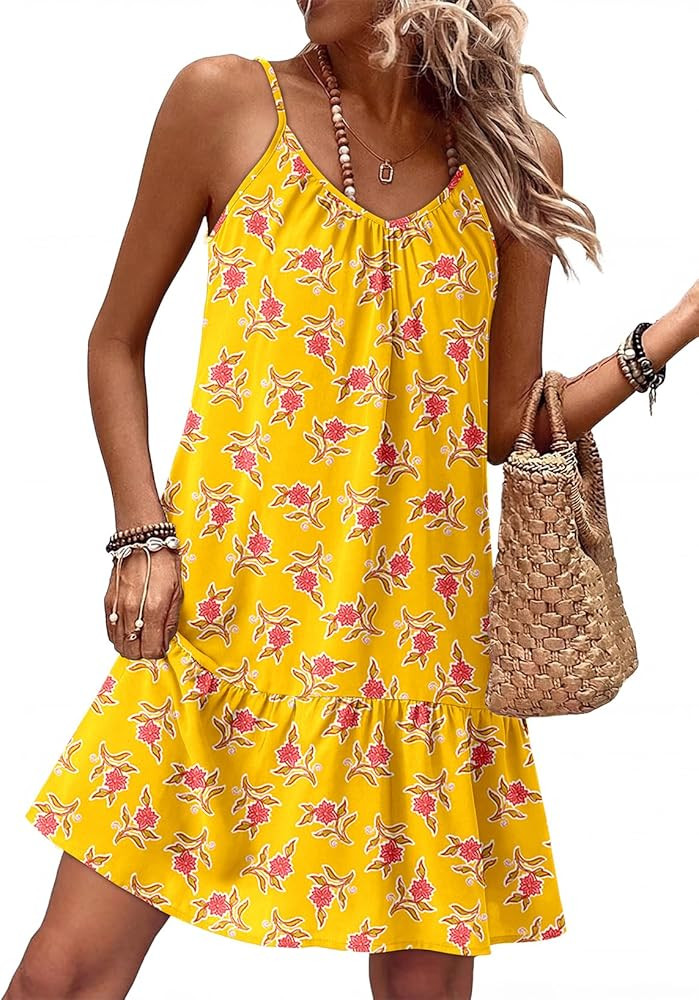 Dokotoo Summer Dresses for Women 2026 Spaghetti Strap Sexy Deep V Neck Smocked Ruffle Flowy Boho ... | Amazon (US)
