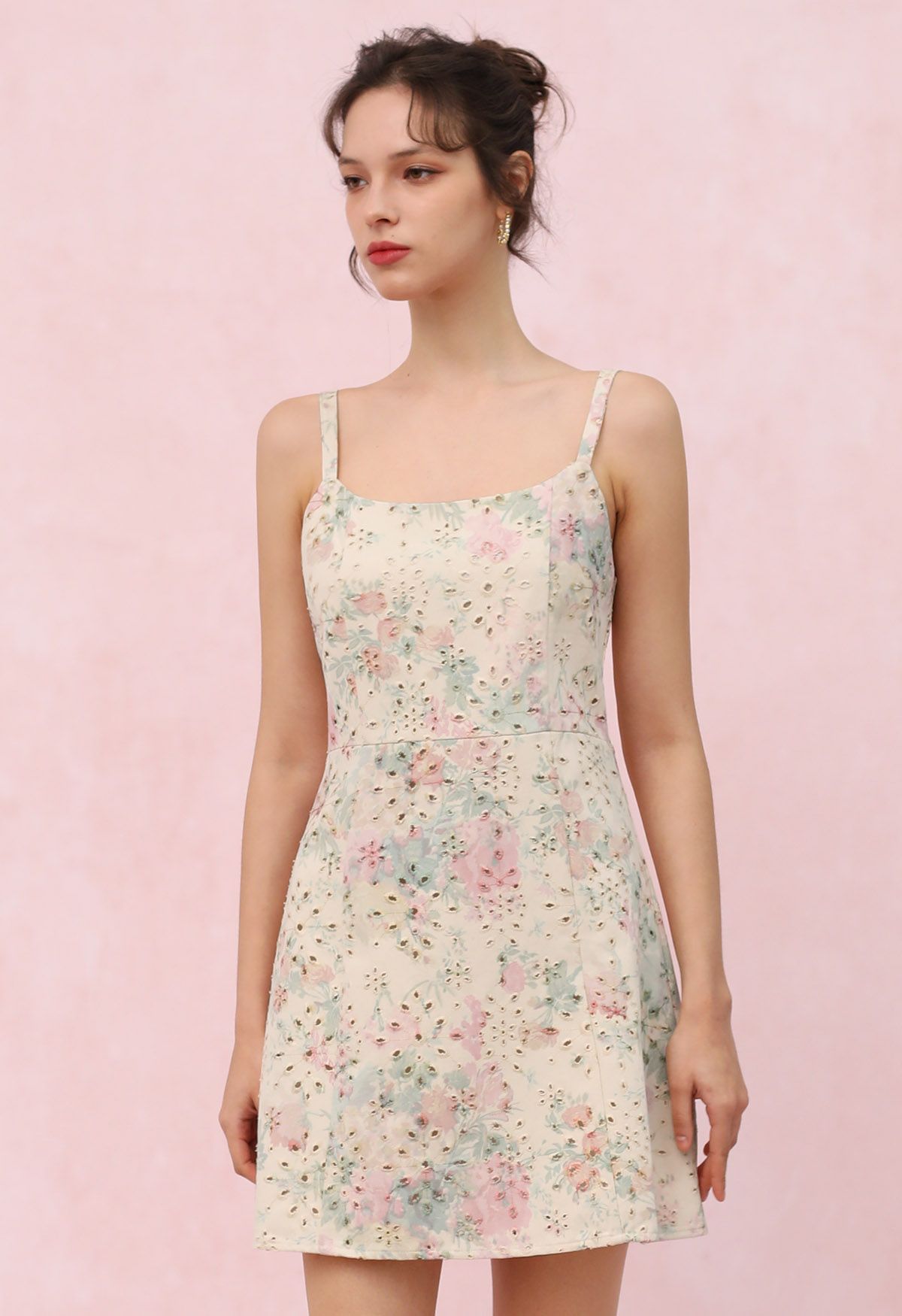 Rose Printed Eyelet Embroidered Cami Denim Dress in Pink | Chicwish