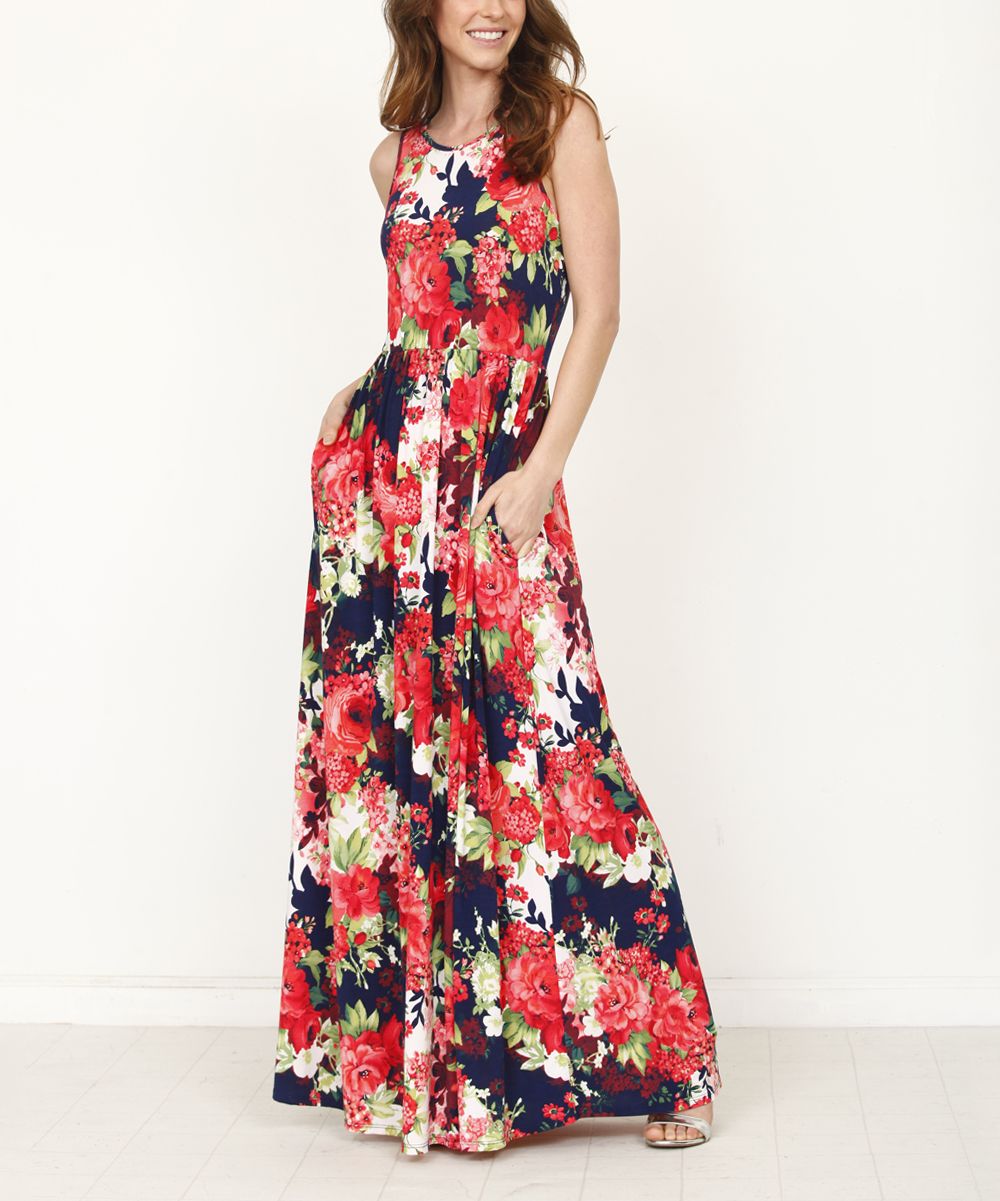 egs by eloges Women's Maxi Dresses EKD0327Q - Red & Navy Floral Pocket Maxi Dress - Plus | Zulily