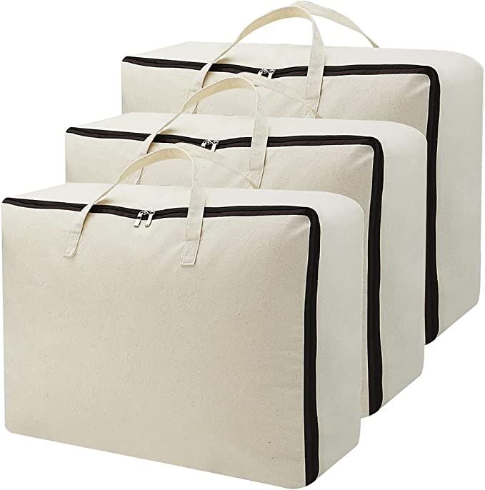 AMJ Set of 3, Canvas Storage Bag with 3-Side Zip Open & Handles, 8OZ Thick Soft Breathable Closet... | Amazon (US)