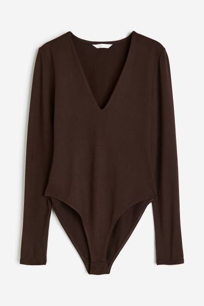 V-neck bodysuit - Dark brown - Ladies | H&M GB | H&M (UK, MY, IN, SG, PH, TW, HK, KR)