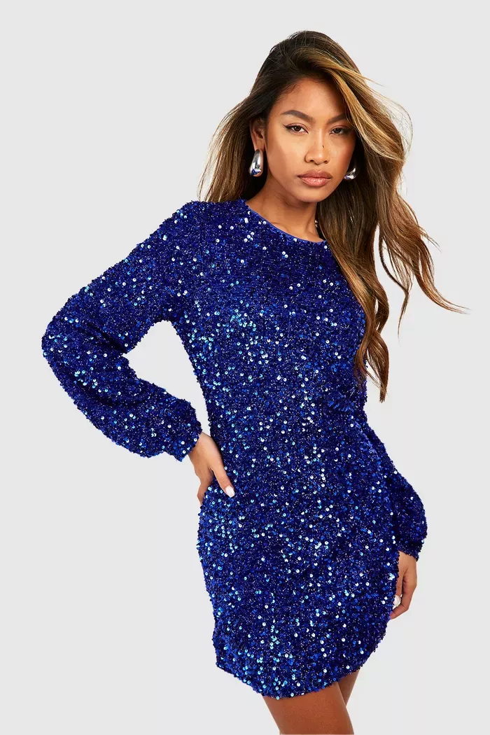 Sequin Blouson Sleeve Shift Party Dress