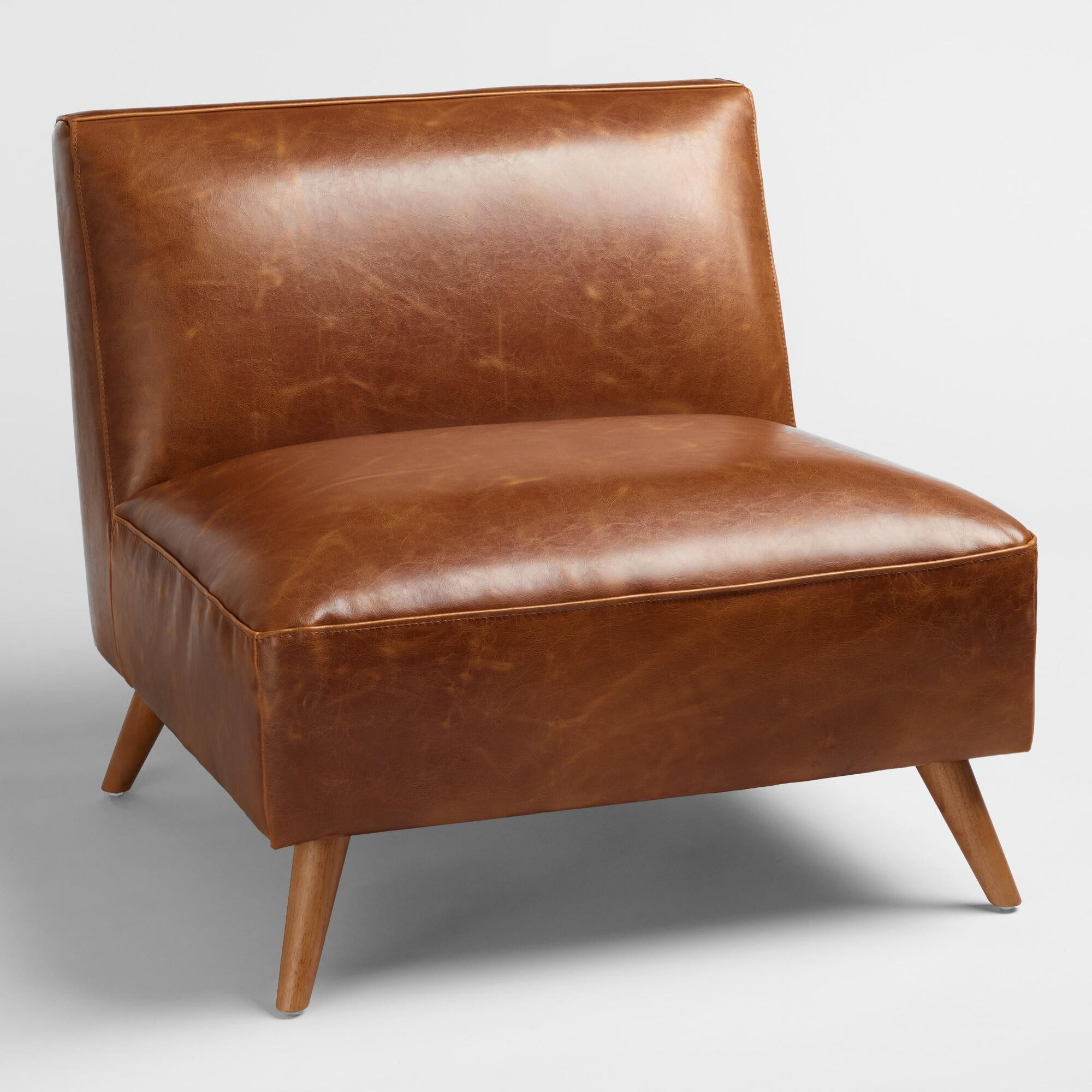 Mid Century Armless Huxley Chair: Brown - Leather - Cognac by World Market | World Market
