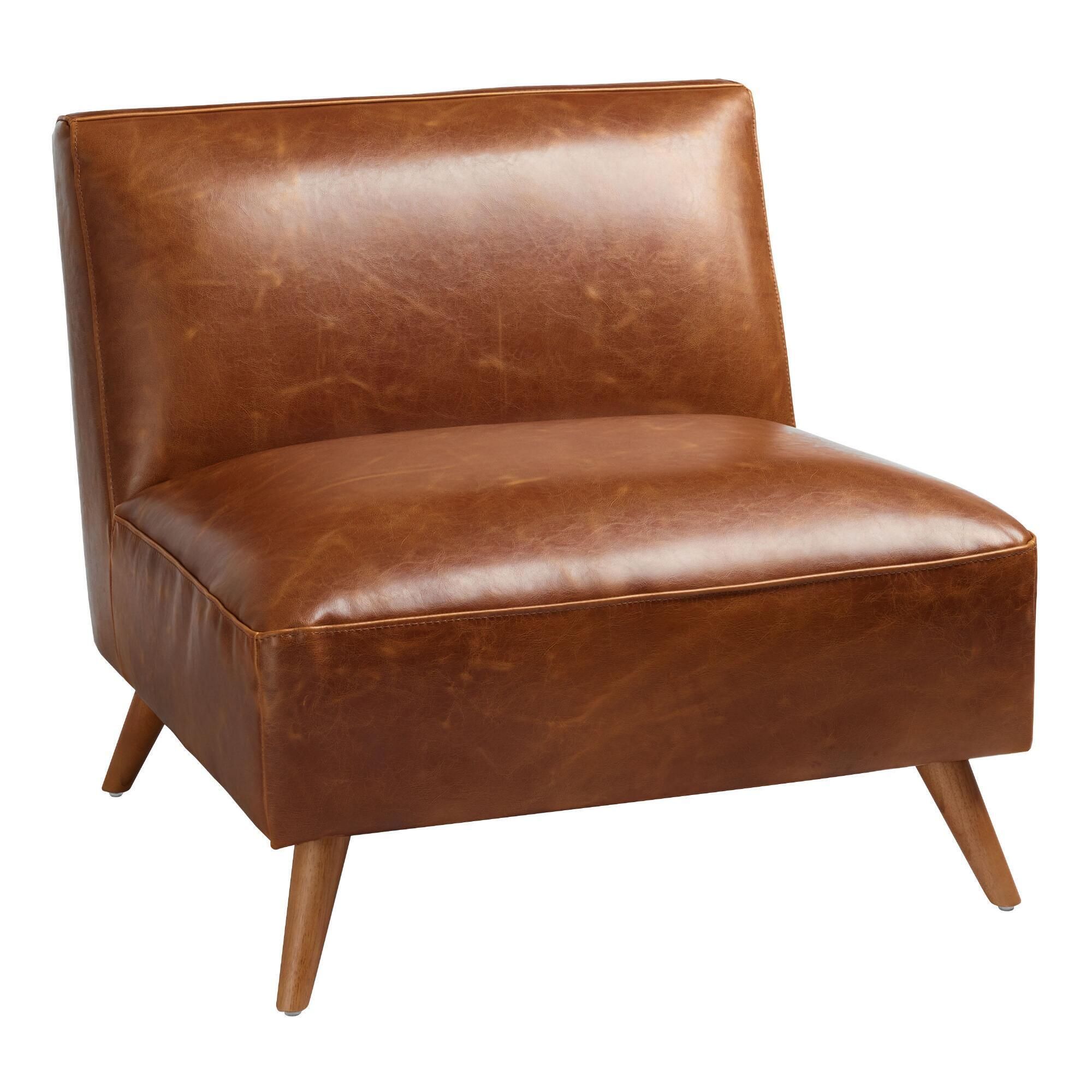 Mid Century Armless Huxley Chair: Brown - Leather - Cognac by World Market | World Market