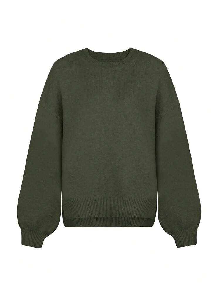 Women Solid Color Loose Fit Crew Neck Long Sleeve Knit Sweater | SHEIN