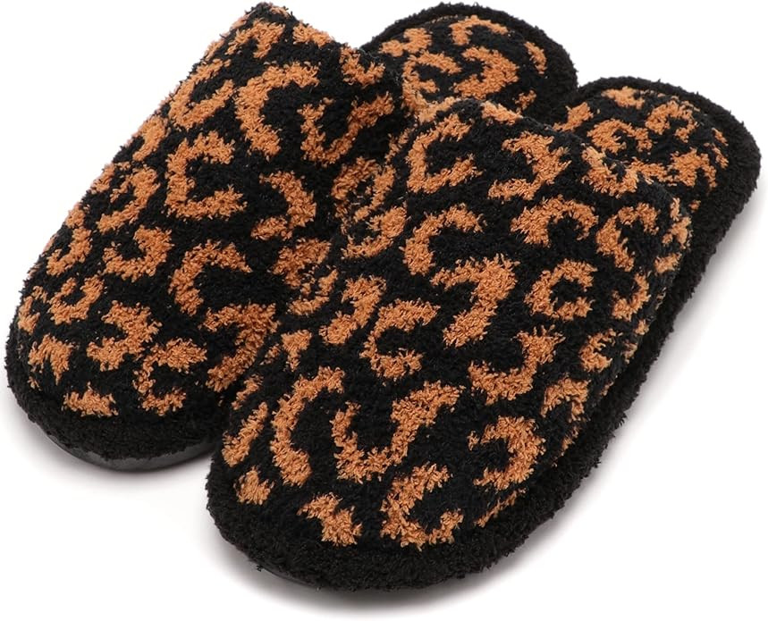 MIRMARU Women’s Animal Print Comfort Fluffy Fuzzy Slip-on House Slippers Open Toe Cross Band In... | Amazon (US)