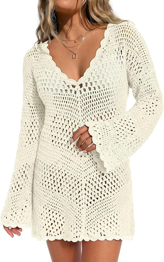 ANRABESS Swimsuit Cover Up for Women Crochet Bathing Suit Summer Swimwear V Neck Mesh Knit Dress ... | Amazon (US)