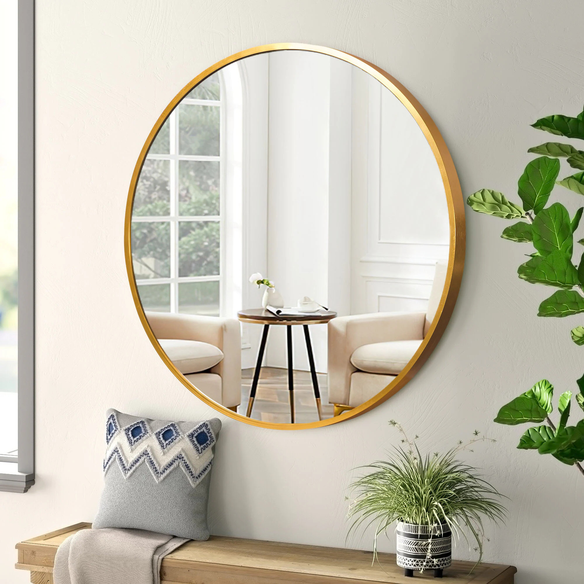 Dovelina 31.5-Inches W x 31.5-Inches H Round Gold Framed Wall Mirror | JJ00374ZZE | Lowe's