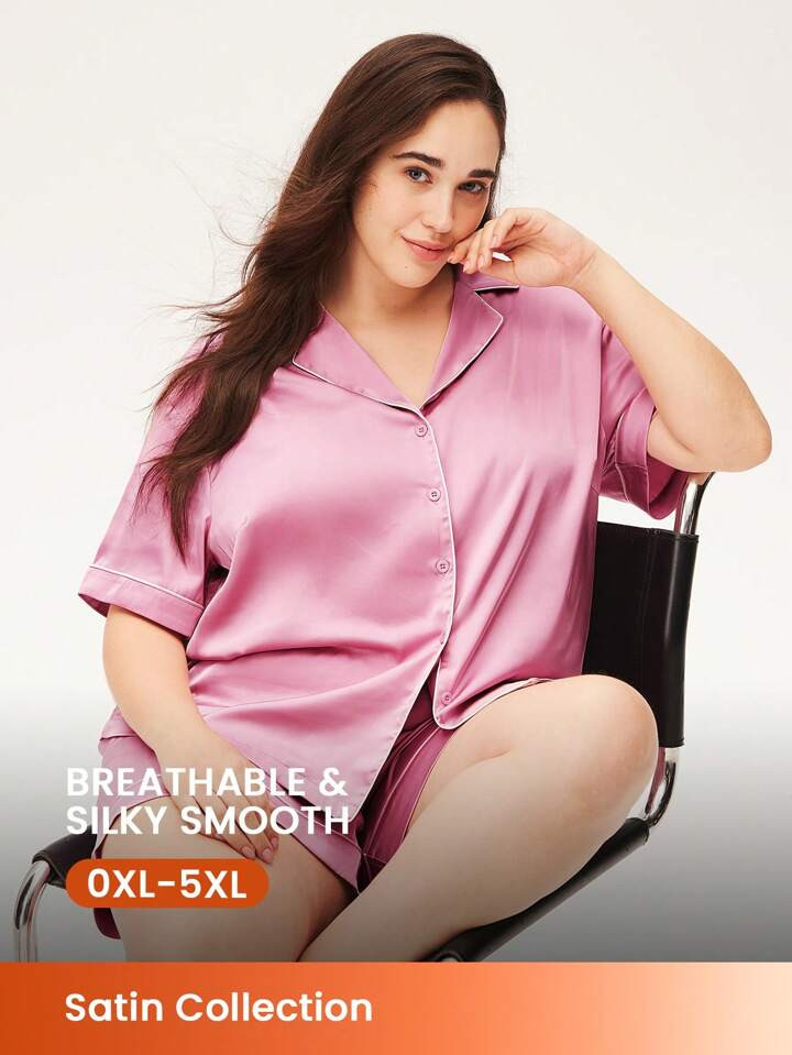 LUVLETTE Plus Silky Pink Satin Contrast Trim Short-Sleeve Button-Up Top & Shorts Loungewear Airy ... | SHEIN