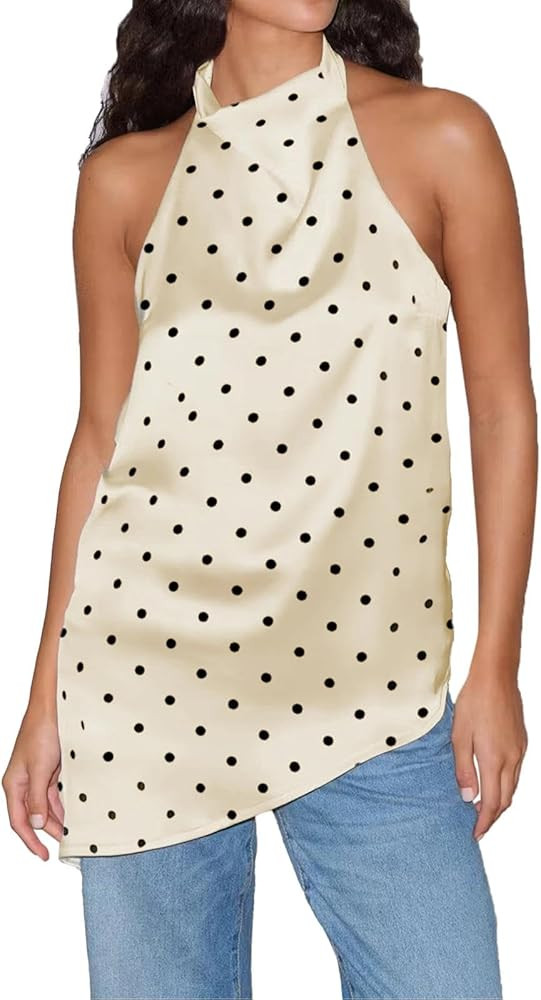 ABYOVRT Women Polka Dot Satin Halter Top Backless Side Slit Tank Tops Going Out Clubwear | Amazon (US)