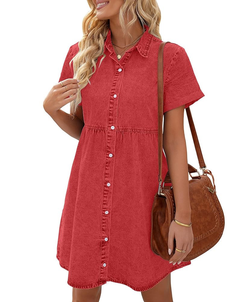 LookbookStore Women's Short Sleeve Button Down Flowy Tiered Babydoll Denim Dress | Amazon (US)
