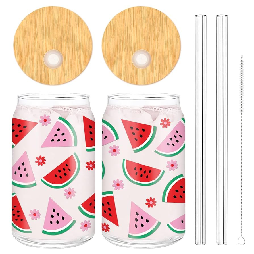 Whaline 2Pcs Watermelon Drinking Glasses 16oz Red Pink Watermelon Flower Glasses Cup Summer Ice C... | Amazon (US)