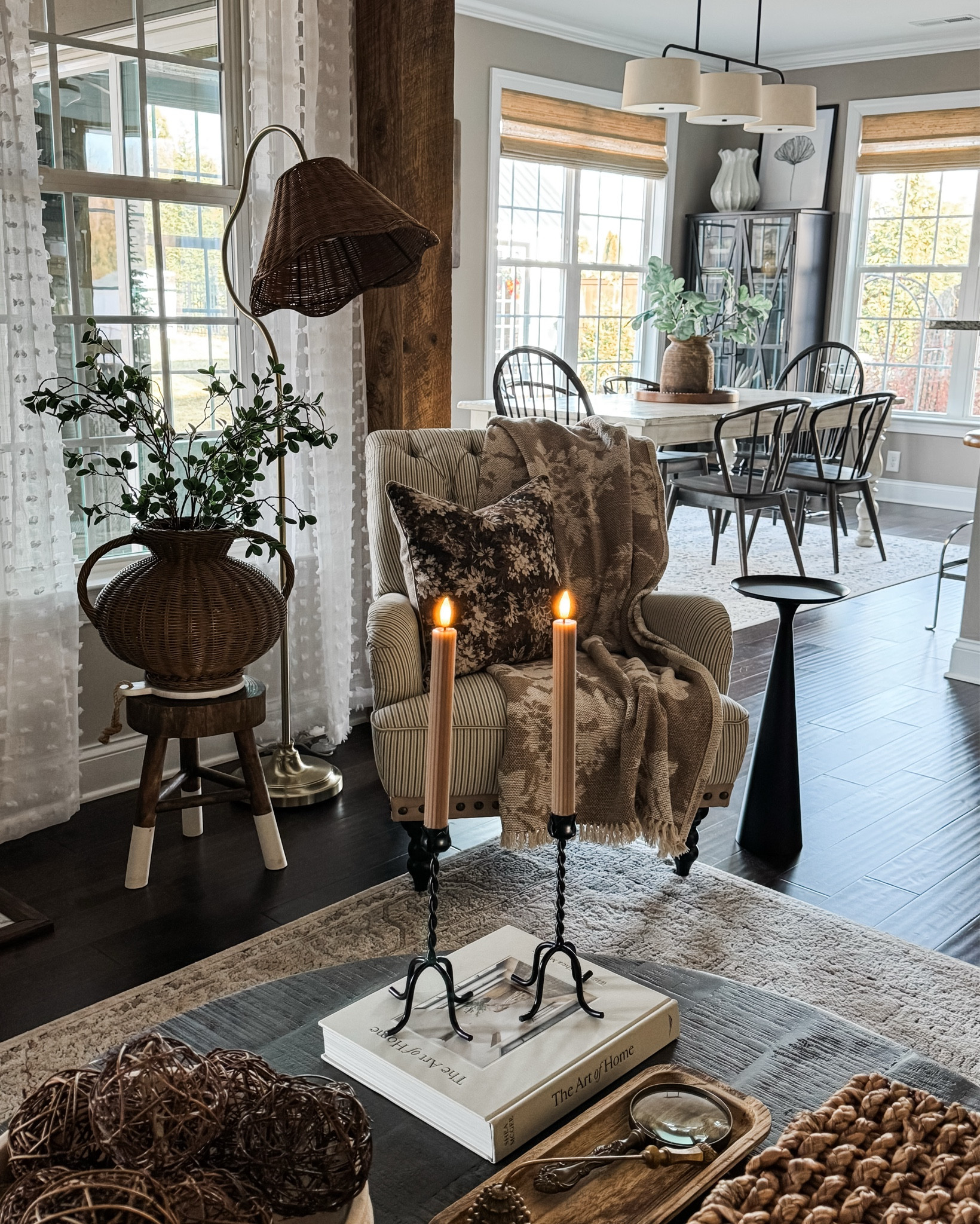 Friday Photos of my refreshed winter home!!

Vintage wood bowl, glass cylinder, flameless candles, rice stems, console table, bronze urn, banyan leaf stems, stone riser, round coffee table, rattan storage boxes, pedestal bowl, grapevine balls, candle holders, brown ribbed candles, throw blanket, floral pillow, ottomans, woven vase, upholstered side chair, vintage magnifying glass, vintage pineapple candle snuffer, floor lamp with woven shade, round wood coffee table, green wreath





#LTKSeasonal #LTKstorytime #LTKHome