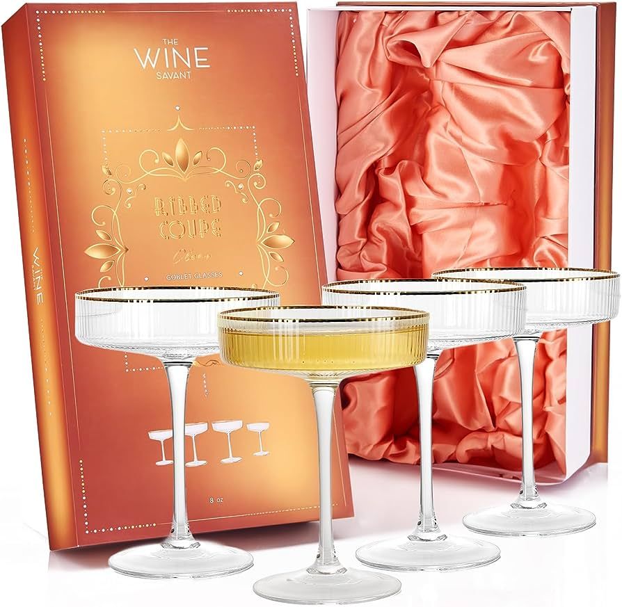 Ribbed Coupe Cocktail Glasses With Gold Rim 8 oz | Set of 4 | Classic Manhattan Glasses For Cockt... | Amazon (US)