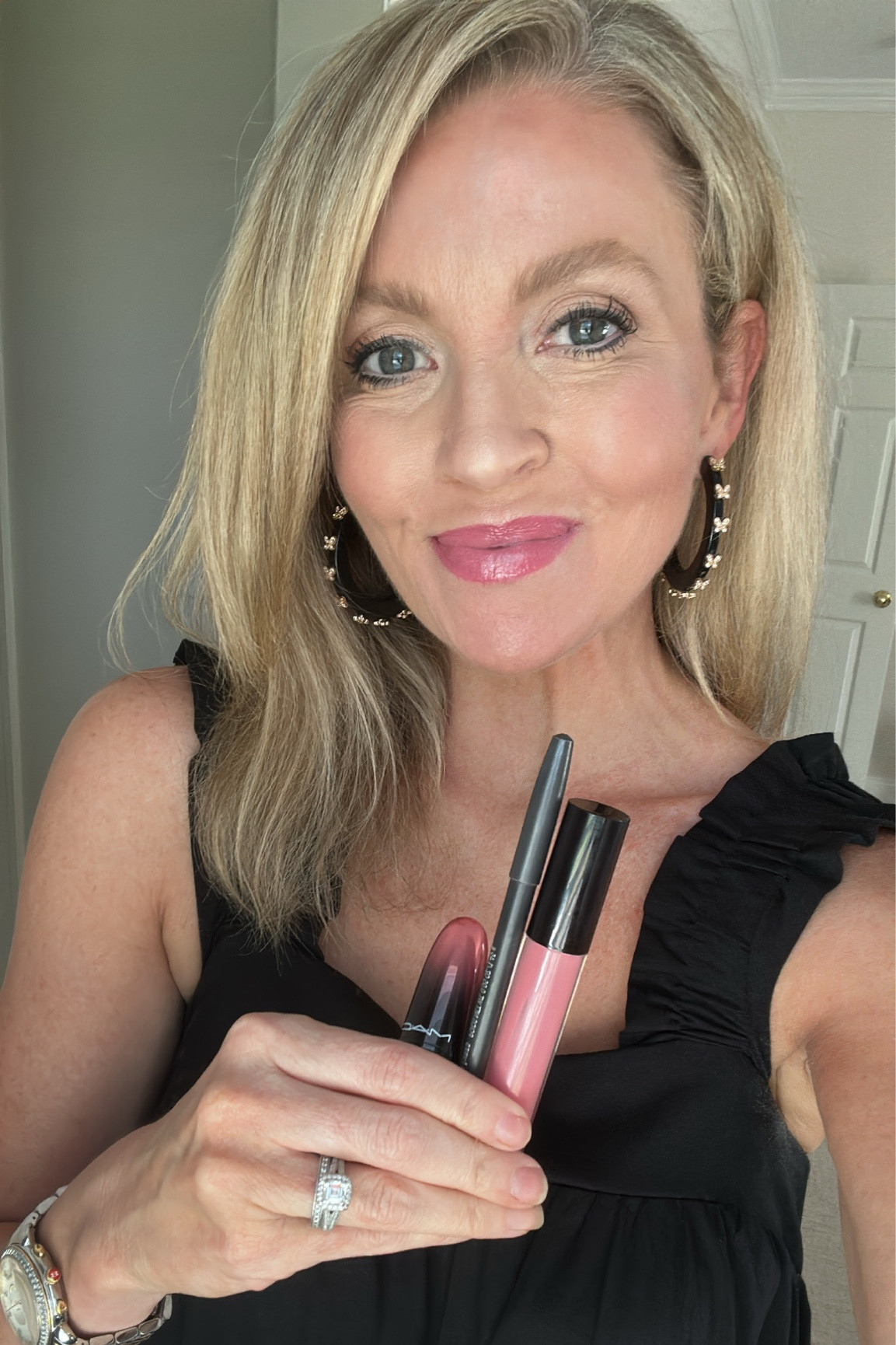 Lipstick:  MAC in shade Daddy’s Girl but I was only able to find it at Amazon and the price is a little high. I also have worn shade “Blankety” and it’s equally as pretty - I’ve linked them both. 

Lip liner is MAC in shade Edge to Edge - and it works good with the other shade of lipstick i mentioned (Blankety). 

Lip Gloss is Pat McGrath in shade Prime Donna…looks to be out of stock right now, so I’ve linked another shade in this same brand that I also have and love, and it pairs well with the Blankety lipstick too!  


