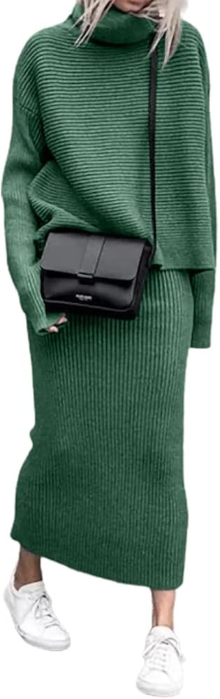 chouyatou Women's Turtleneck 2 Piece Outfits Ribbed Knit Sweater Midi Pencil Skirt Set | Amazon (US)