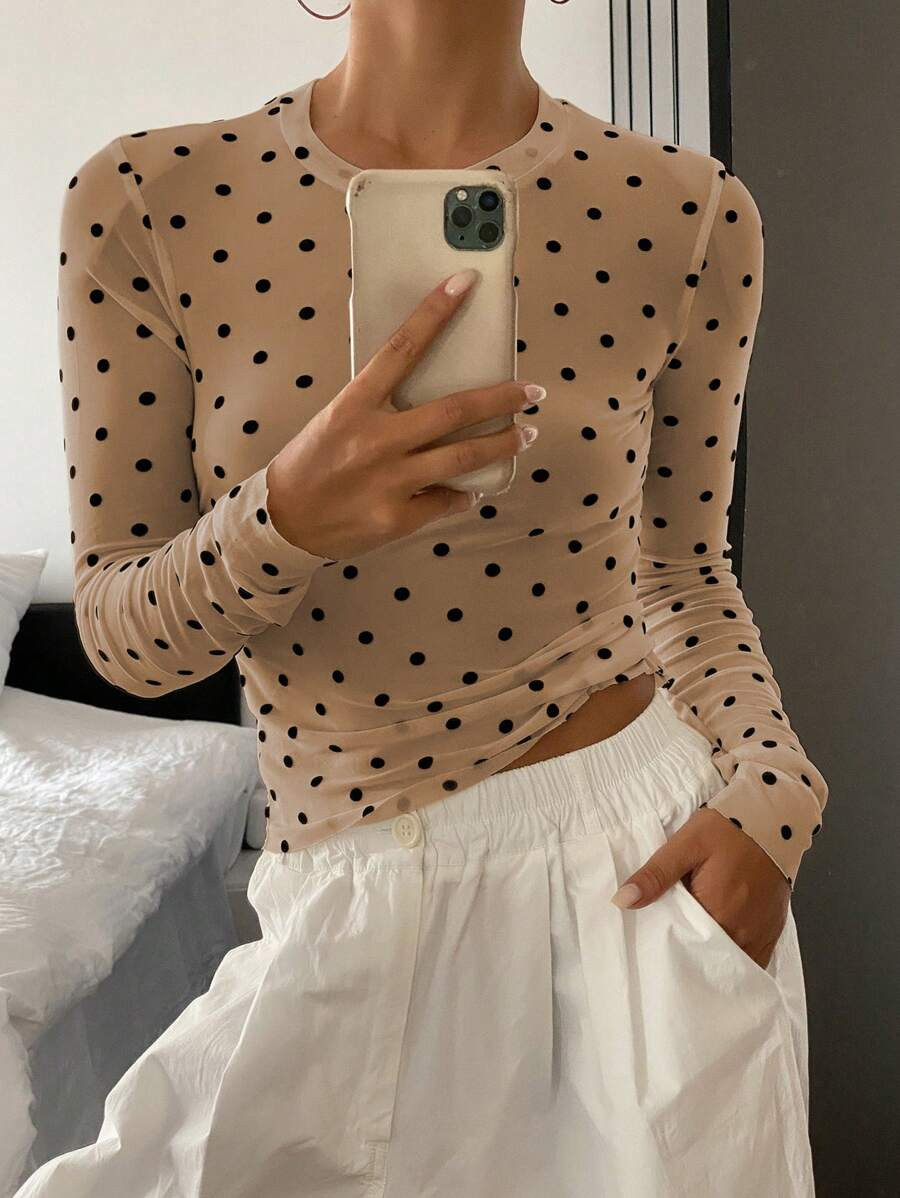 Livesso Polka Dot Print Fitted Pleated Women Long Sleeve Blouse,Fall Clothes | SHEIN