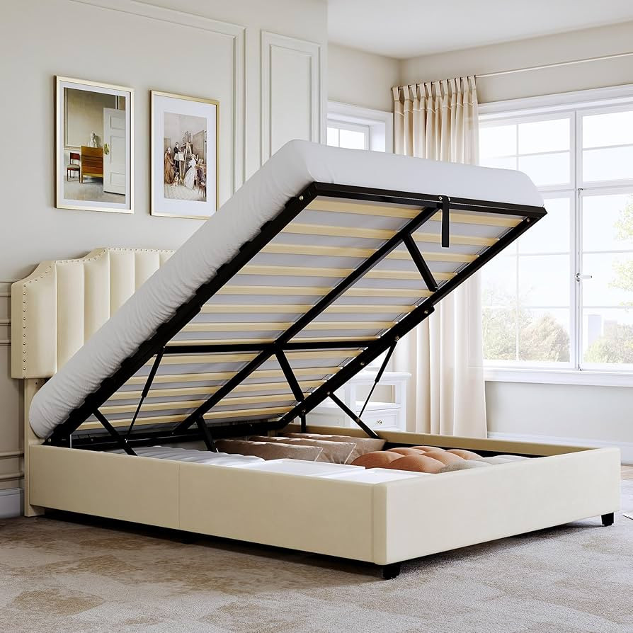 DWVO Queen Size Lift Up Storage Bed Frame with Adjustable Upholstered Platform Headboard, Sturdy ... | Amazon (US)