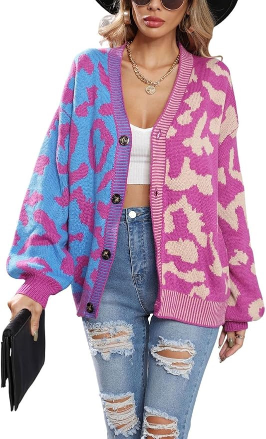 chouyatou Women's Color Block Leopard Print Button Down Long Sleeve Cardigan Sweaters | Amazon (US)