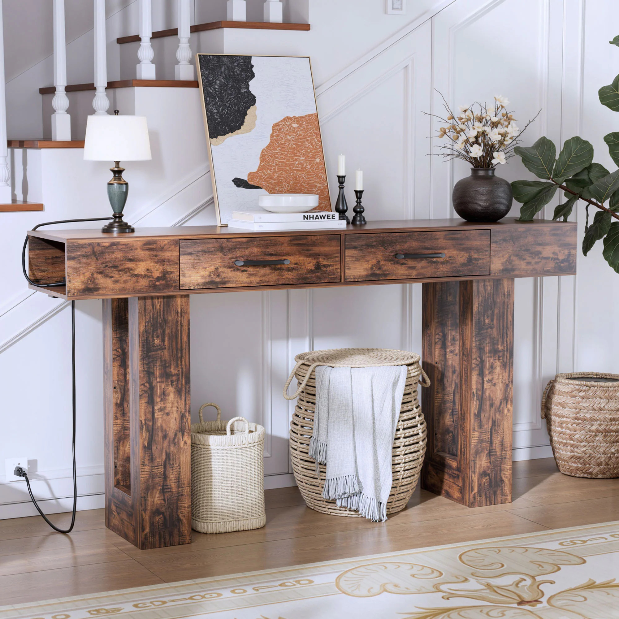 LOVMOR 63 Inch Long Console Table Wooden Rectangular Sofa Table Behind The Couch Farmhouse Entryway Table for Entrance Hallway Living Room Natural | Lowe's