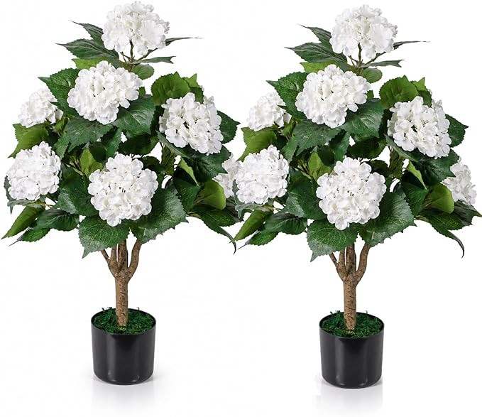 Faux Hydrangea Tree 3ft Set of 2,Artificial Hydrangea Bush UV Resistant,Fake Hydrangea with White... | Amazon (US)