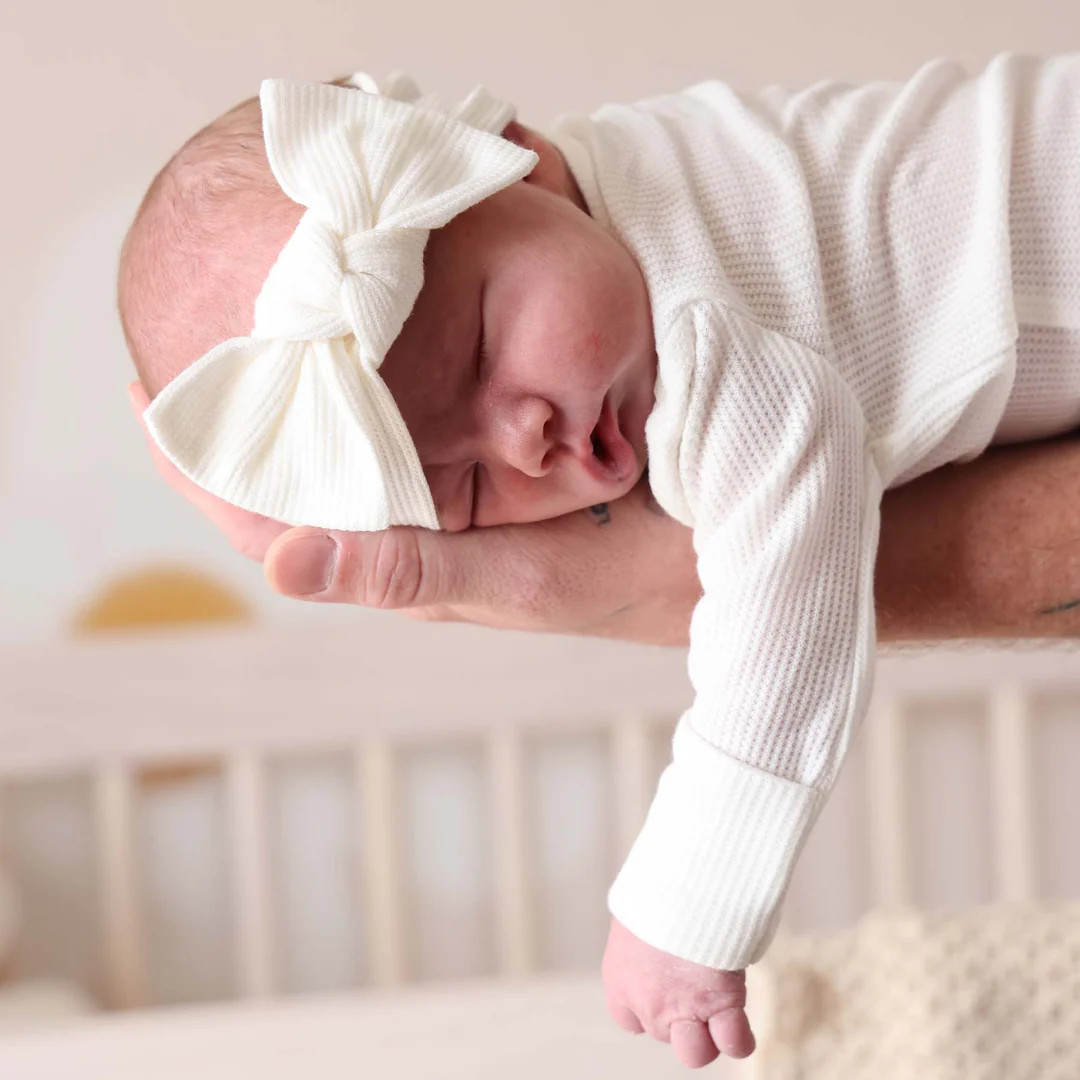 Cloud White Waffle Bamboo Knit Large Bow Headwrap | Caden Lane
