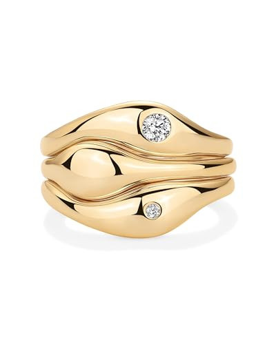 PAVOI 14K Yellow Gold Plated Chunky Stackable Rings Set for Women | Wavy Triple Ring Stack | Cubic Zirconia Bands Pack| Size 6 | Amazon (US)