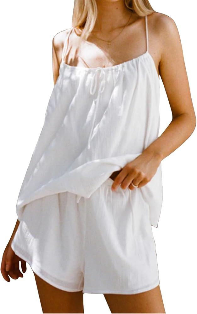 EXLURA Women's 2024 2 Piece Pajama Set Sleeveless Top and Shorts Set Loungewear Sleepwear Sets wi... | Amazon (US)