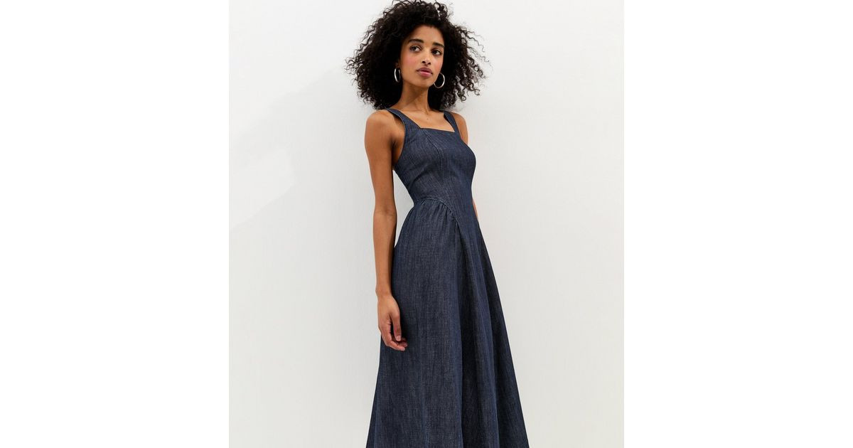 Navy Denim Square Neck Midi Dress | New Look | New Look (UK)