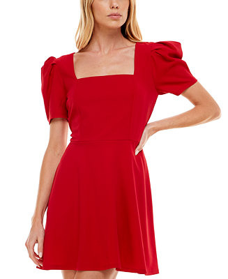 Juniors' Puff-Sleeve Fit & Flare Dress | Macys (US)