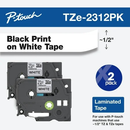 Brother P-Touch TZE2312PK Label Tape, 0.47" x 26.2', Black/White, Durable, Water-Resistant, 2-Pack | Walmart (US)