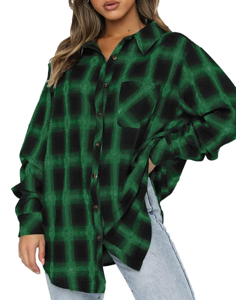 CHYRII Womens Button Down Flannel Shirts Long Sleeve Plaid Shackets Business Casual Blouse Top | Amazon (US)
