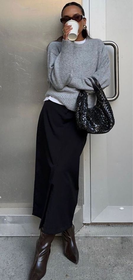 2024 Winter outfit trend - satin skirt, gray sweater and boots. 

#LTKGiftGuide #LTKfindsunder100 #LTKSeasonal