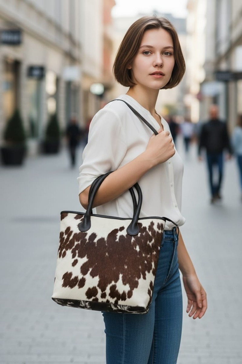 Natural Cowhide Leather Tote Bag - Stylish Brown & White Pattern - Free Shipping | eBay US