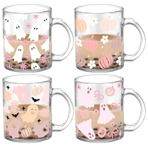 Tioncy 4 Pcs Halloween Ghost Coffee Mugs 12 oz Ghost Glass Cups with Handle Spooky Coffee Cup Pink Mug Cute Gifts Drinking Containers for Halloween Holiday Party Drinkware Accessories | Amazon (US)