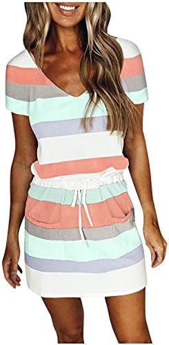 Baralonly Summer Dresses for Women Beach Casual Sleeveless V Neck Tunic Striped Splicing Sling St... | Amazon (US)