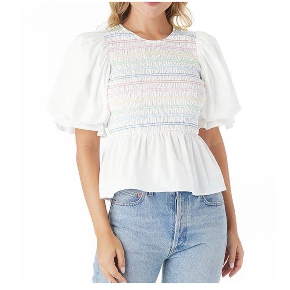 Crosby by Mollie Burch Sloan Peplum  Rainbow Smocked Puff Sleeve Top Womens M | Poshmark