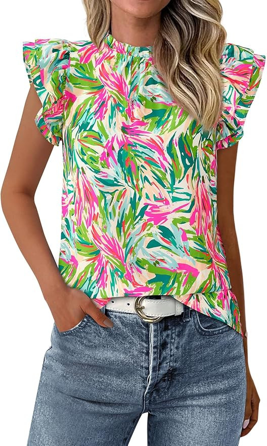 PRETTYGARDEN Women's Ruffle Short Sleeve Summer Tops 2025 Trendy Floral Trim Neck Casual Dressy C... | Amazon (US)