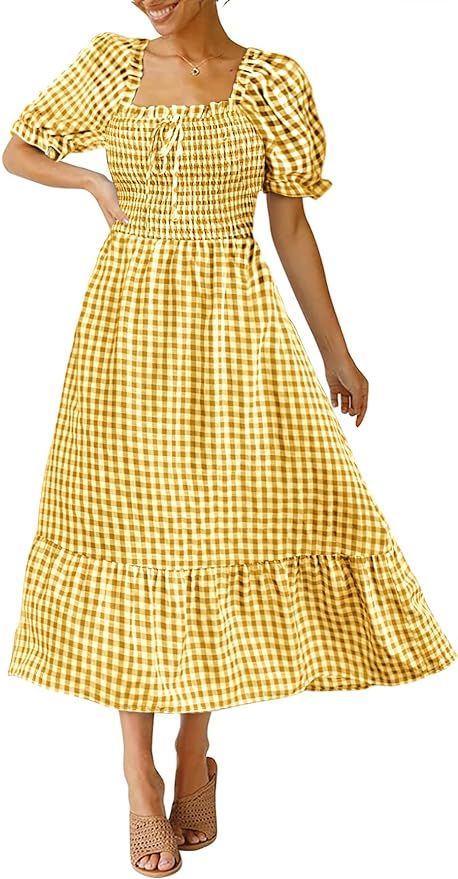 KIRUNDO Women's Summer Casual Puff Sleeve Square Neck Elastic Waist Plaid Dress Tie Back Bow Smoc... | Amazon (US)