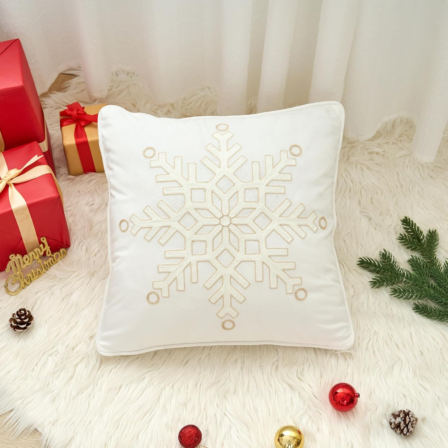 HOMFREEST Christmas Pillow Covers 18x18 Inch Snowflakes Embroidered Decorative Throw Pillowcases ... | Amazon (US)