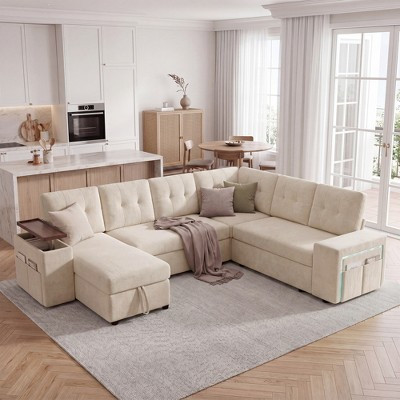 Dyonery 112" Sectional Sleeper Sofa with Pull-Out Bed,Beige Chenille 7-Seat Modular Couch,Reclining Backrest,USB Ports,LED Light,Side Table,Storage | Target