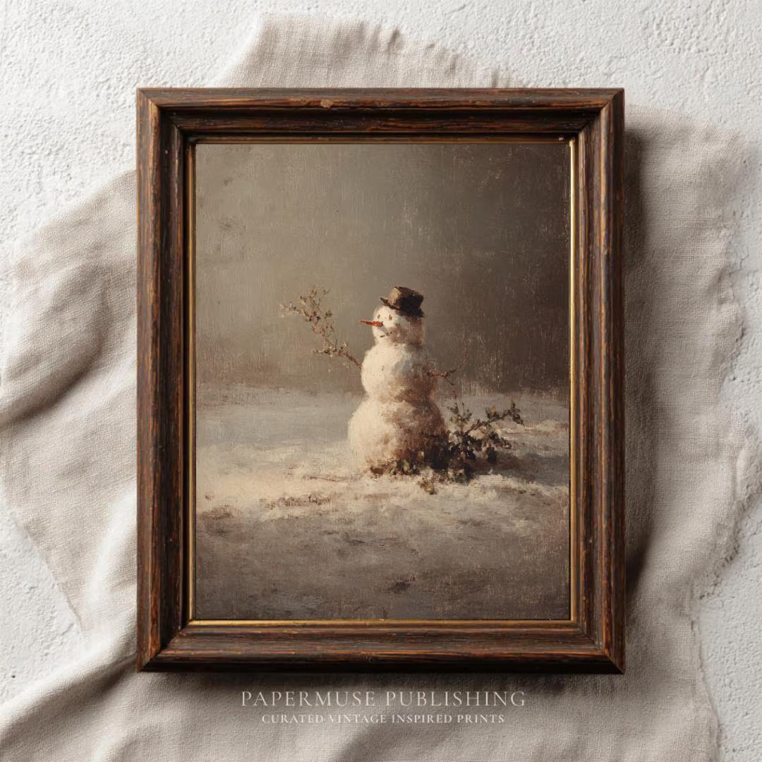 Vintage Snowman Wall Art, Rustic Winter Landscape Painting, Antique Christmas Décor Print, Farmh... | Etsy (US)