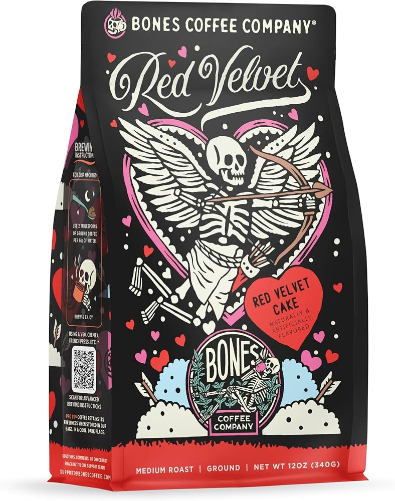 Bones Coffee Company Red Velvet Flavored Coffee Beans, Medium Roast Ground Coffee Low Acid, Red V... | Amazon (US)