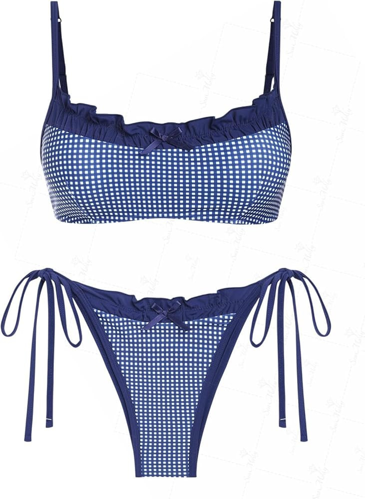 seamoly Gingham Spliced Ruched Ruffles Trim Bowknot Decor Tie Side Bikini Set | Amazon (US)
