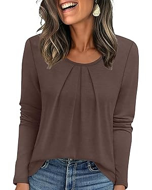OFEEFAN Long Sleeve Shirts for Women Pleated Crewneck Womens Tops Dressy Casual Business Blouses ... | Amazon (US)