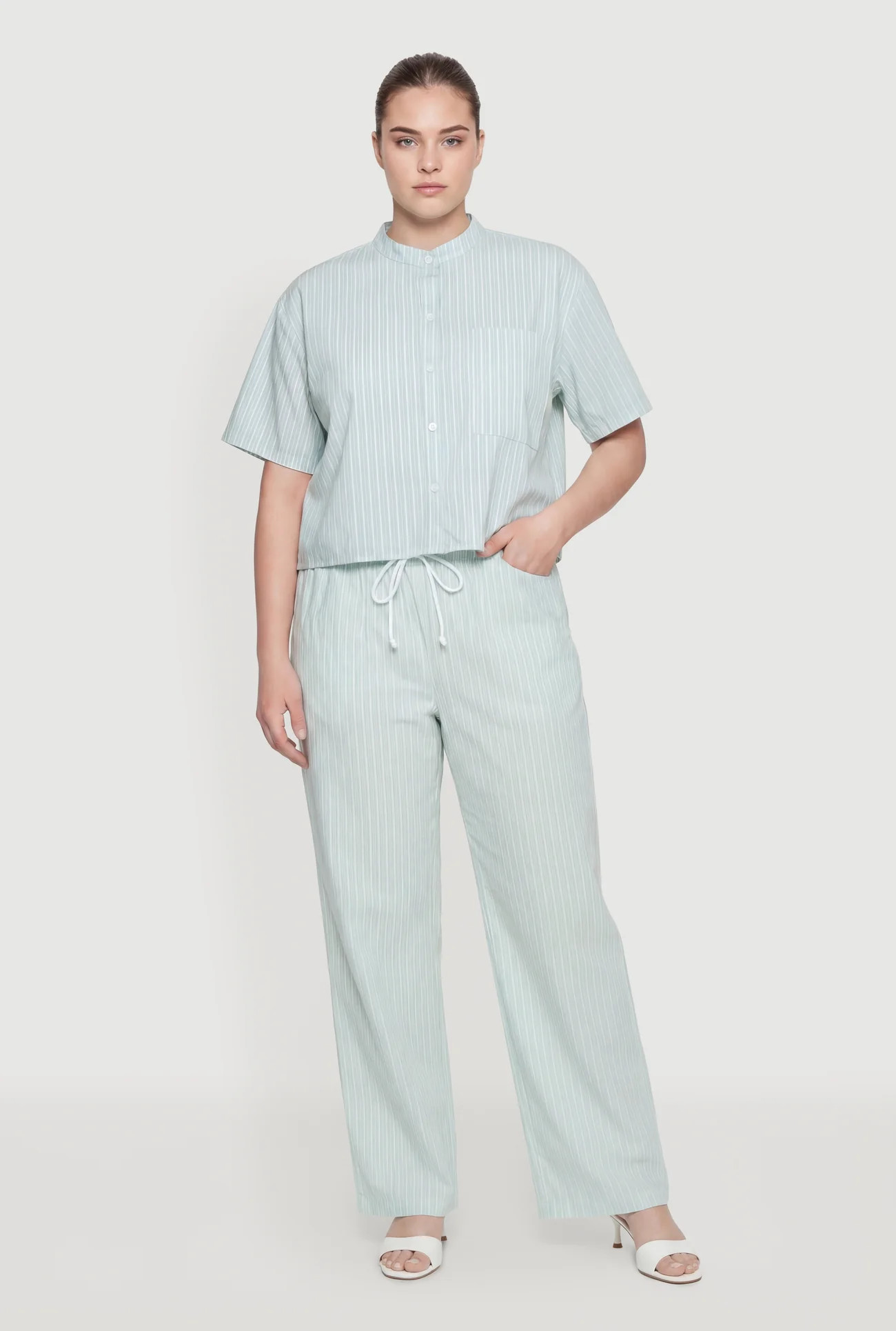 Plus Size Striped Poplin Button Front Short Sleeve Shirt | Rainbow Shops