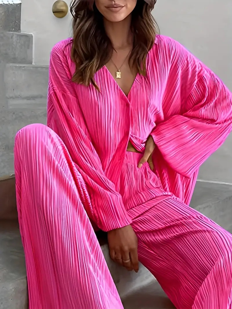 Solid Casual Two piece Set Button Front Long Sleeve Blouse - Temu | Temu Affiliate Program