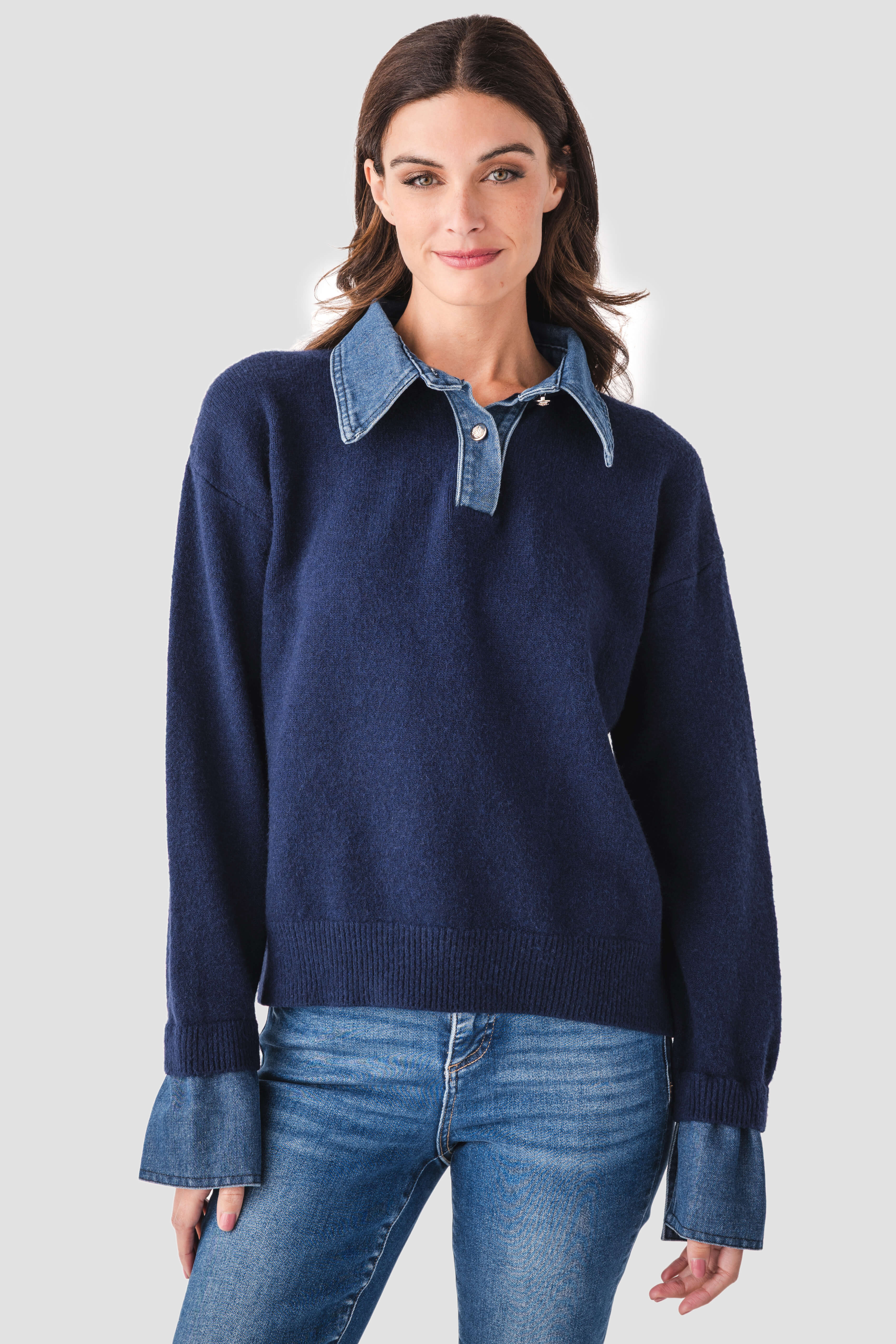 Olivaceous Denim Detail Sweater | Social Threads