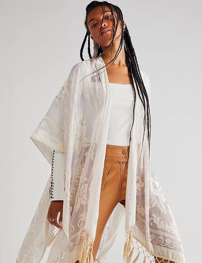 Women's Burnout Velvet Kimono Long Cardigan Cover Up Without Tassel | Amazon (US)